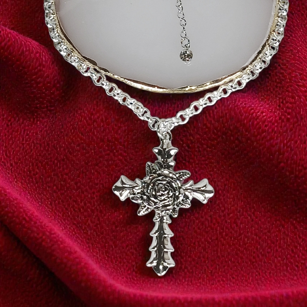 Bold Rose Silver Cross Charm Necklace  New Age Grunge 1990s Whimsygoth 14"-18" L